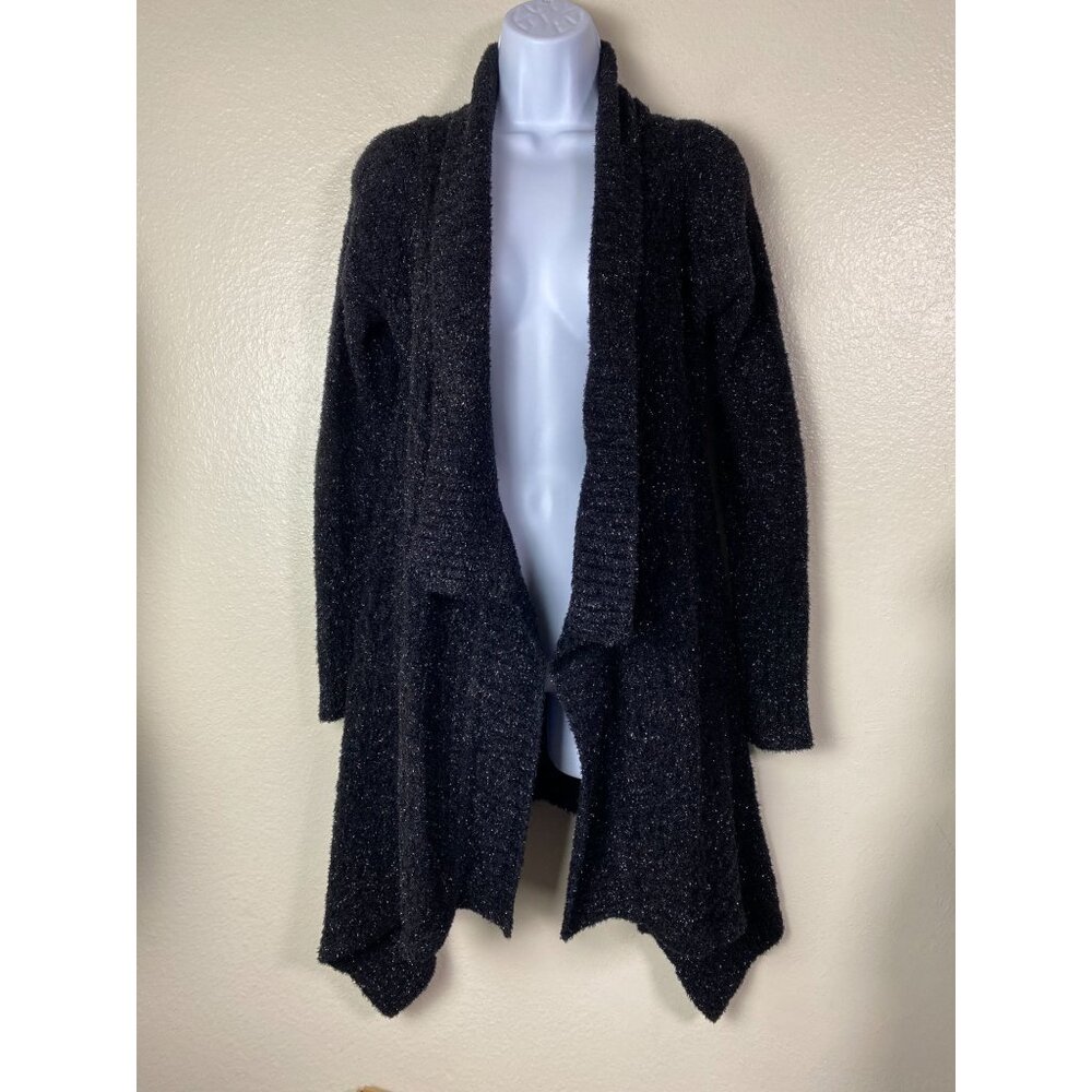Bebe Black Metallic Open Front Cardigan Sweater Medium Large Knit Glam Waterfall